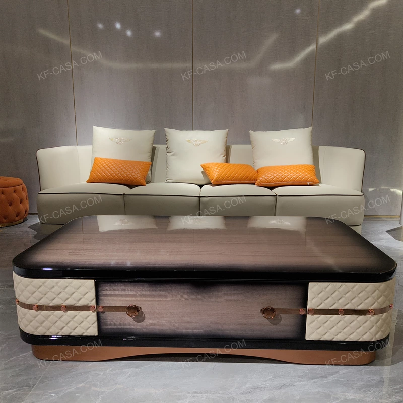 Storage Coffee Table with Quilted Leather Panels and High-Gloss Wood Veneer